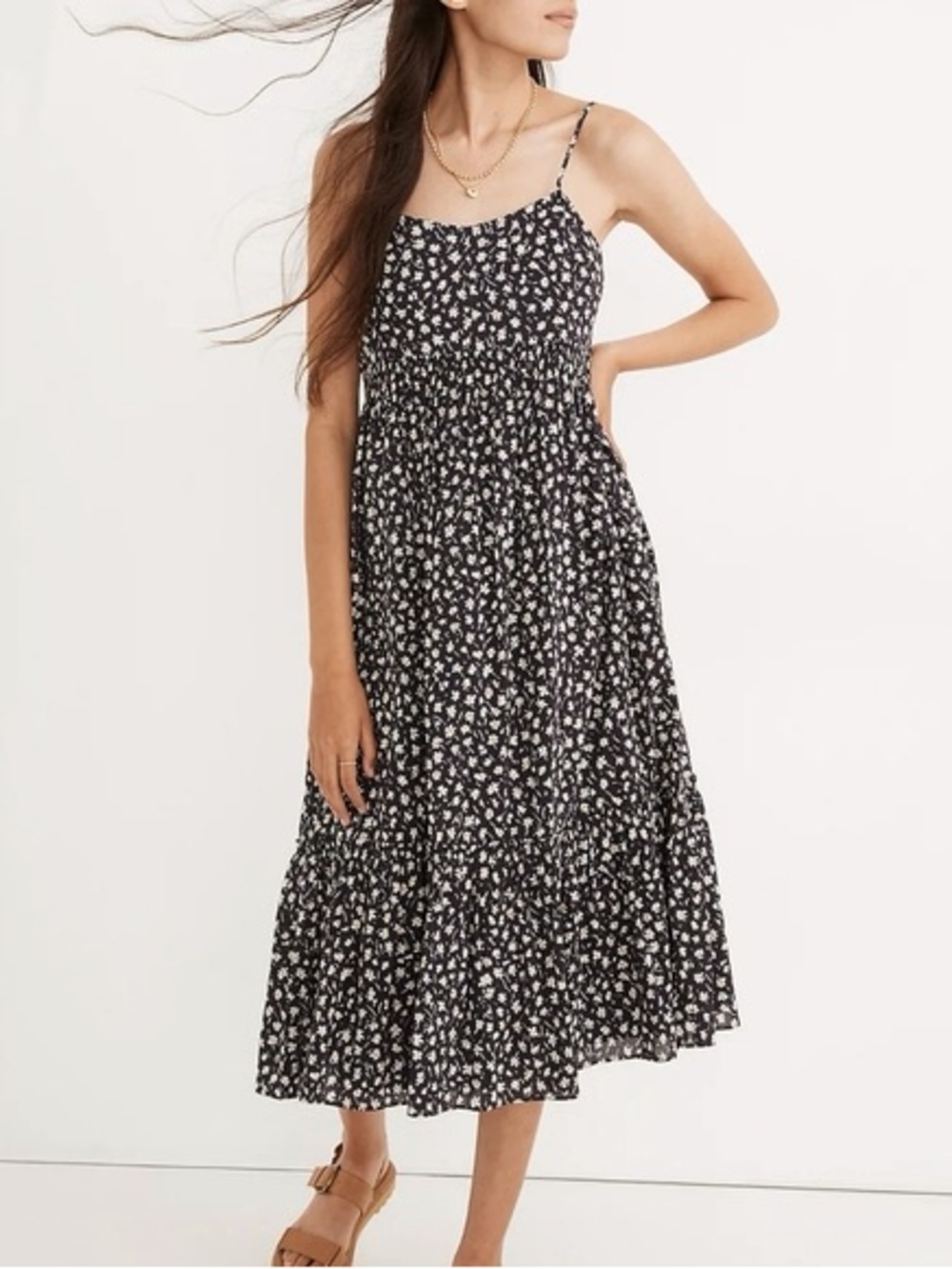 Madewell Navy Floral Smocked Midi Dress